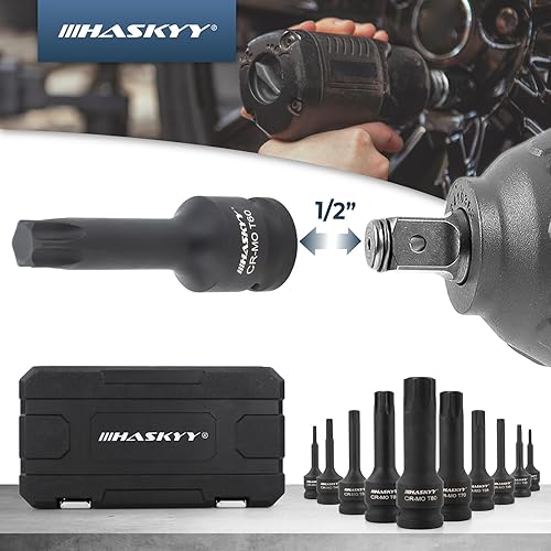 HASKYY Set di chiavi a percussione T20-T80 Torx, 1/2', 10 pezzi, set di bussole Torx, per auto, riparazione del motore, manutenzione dei freni e riparazione del cambio - Honorern