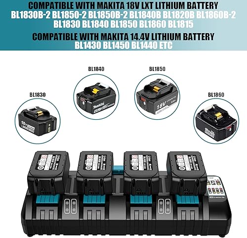 Caricatore a 4 porte DC18SF per Makita 14,4 V-18 V batterie al litio BL1850 BL1815N BL1830 BL1840 BL1850 BL1860 YEX-BUR 3A con 2 porte USB, sostituisce DC18RD DC18RE DC18RC - Honorern