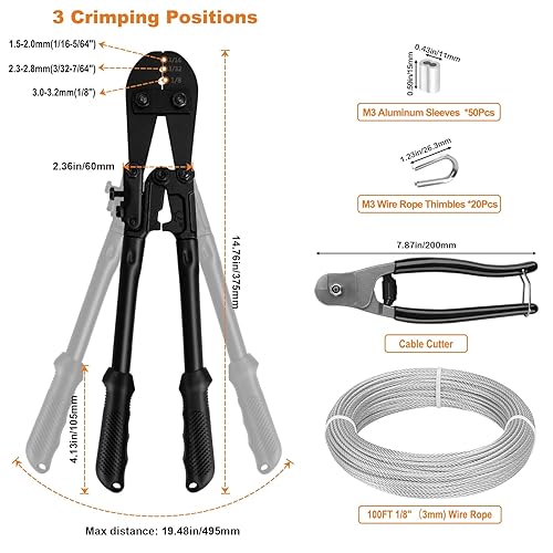 TooTaci Kit di crimpatura per funi metalliche, con cavo in acciaio inossidabile da 30,5 m da 1/8', tagliafili, manicotto ad anello e ditali per funi metalliche, kit per appendere corde di luci - Honorern