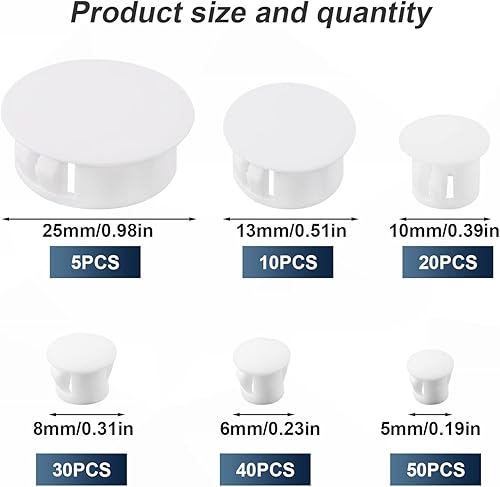 155 pezzi 6 misure Tappi per Fori in Plastica, 3/16', 1/4', 5/16', 3/8', 1/2', 1' Tappi Copriforo Bianchi Tappi Copriforo Tappi Armadio Copriforo per Cucina Armadio Mobilia (Bianco) - Honorern