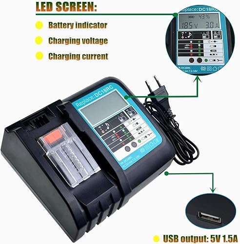 Batteria Per Makita 18V 5 Ah con caricatore DC18RC, compatibile con Makita 18 V, BL1850, BL1840, BL1830, BL1820, BL1815, BL1860, con 2 batterie di ricambio da 18 V, 5,0 Ah, BL1850B - Honorern