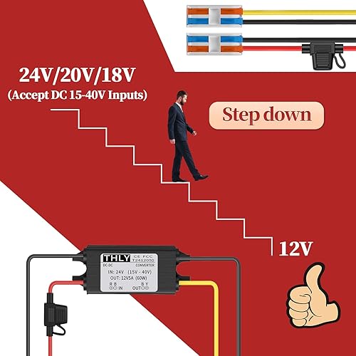 Trasformatore 24 12 Volt, Convertitore 24V a 12V 5A 60W Converter di Aimentazione Con Fusibile Impermeabile e Connettori Elettrici a Cablaggio Rapido, Regolatore di Tensione(Accetta ingressi DC15-40V) - Honorern