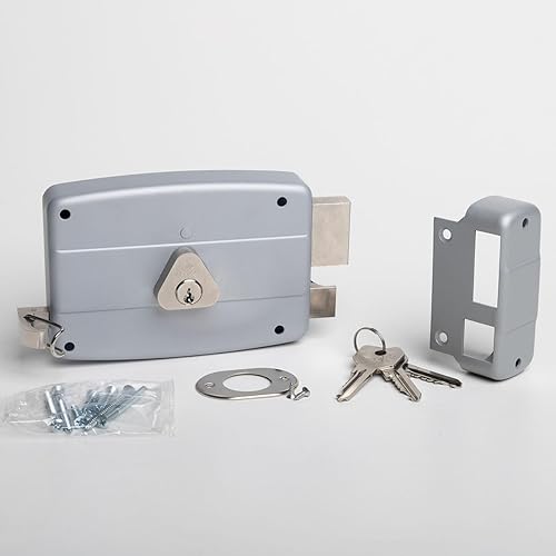 CISA - Serratura per Porte in Ferro da Applicare 15042170195 - Serratura in Acciaio Verniciato Grigio con Cilindro e Tirante nichelati - Serratura Cancello Esterno Entrata 70 - Mano Destra Applicare - Honorern
