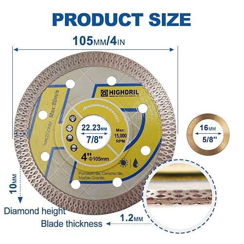 Lama diamantata super sottile, 2 pezzi 125mm,con pergolato da 7/8'-5/8',lama per piastrelle diamantate asciutte o bagnate,con bordo a rete a X,per tagliare porcellana,ceramica,granito,marmo - Honorern
