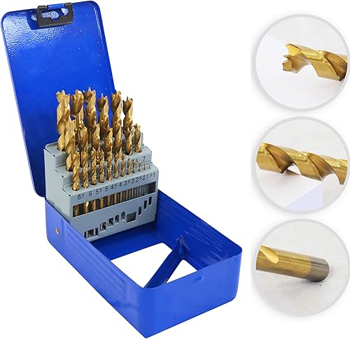 S&R 25 Punte per Legno Professionali 1-13mm in Acciaio HSS 4241, Rivestimento Tin. Punte Rettificate per fori tondi precisi. Scatola di metallo - Honorern