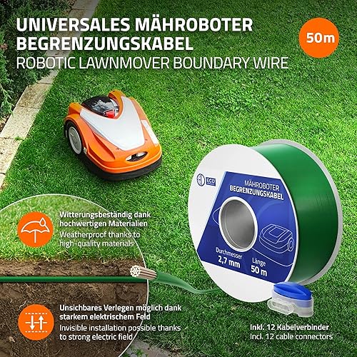 100 m di Filo di Delimitazione Universale per Tosaerba Robot 12 Connettori per Cavi Ø 2,7 mm Rame Stagnato Rotolo di Cavo Perimetrale Compatibile con Gardena Bosch Husqvarna Worx Honda - Honorern