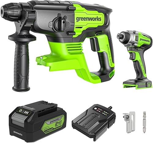 Greenworks Martello perforatore da 24 V 2J e avvitatore a percussione da 300 Nm, con batteria da 4 Ah e caricabatterie - Honorern