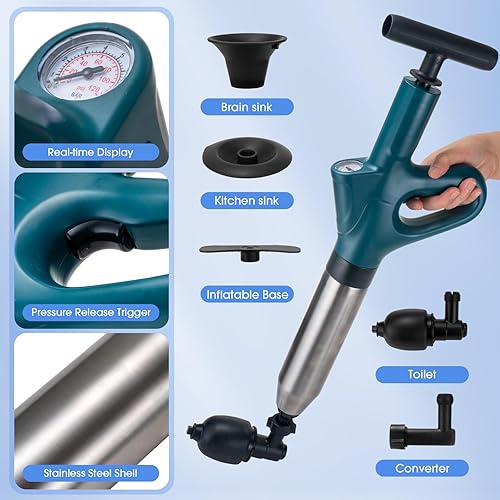 Sbloccante per WC resistente con stantuffo a gancio per sbloccare il lavandino ad alta pressione con 4 teste sostituibili, sbloccatore per lavello a stantuffo per sbloccare WC, lavandino, vasca - Honorern