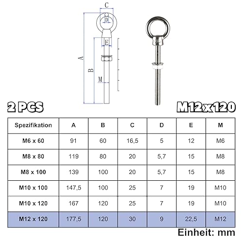ORTAVA Viti ad anello lunghe, M12 x 120 mm, 2 viti ad occhio con rondelle e dadi esagonali, in acciaio inox 316 V4A A4, bulloni ad occhio per fissaggio e sospensione - Honorern