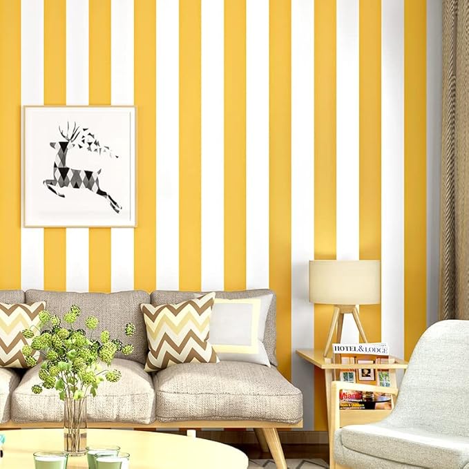 Carta da parati in PVC Moderno Minimalista Carta Da Parati Verticale A Righe Per Camera Da Letto, Sala Da Pranzo, Bar, Sfondi TV. Giallo E Bianco Wallpaper - Honorern