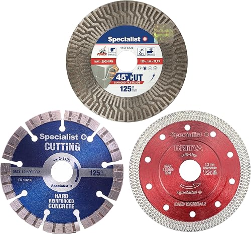 Specialist+ Set di dischi diamantati, 3 pezzi da 125 mm - Disco diamantato per il taglio di piastrelle, marmo, cemento, ceramica, pietra - Lama diamantata universale per tagli rapidi e precisi - Honorern