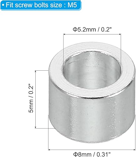 M5 Distanziali in Alluminio, 10pz Distanziali Metallici in Alluminio 5,2mm ID x 8mm OD x 5mm L Distanziali Alluminio a Vite Separata Rotondi per Viti 1/5' M5 - Honorern