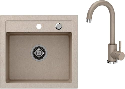 Lavello singolo da incasso in granito, 46 x 49 cm, per cucina, colore selezionabile tra beige o nero, rettangolare, con tappo a saltarello e sifone, Beige - Honorern