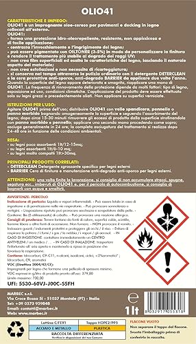 MARBEC OLIO41 1LT Impregnante cerato per legno esterno per effettuare trattamenti protettivi su pavimenti e decking. - Honorern
