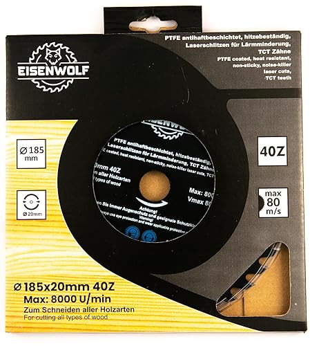 Lama per sega circolare da 185 x 20 mm, per legno con 40 denti TCT inclinati, rivestimento antiaderente PTFE e taglio laser per ridurre il rumore - Honorern