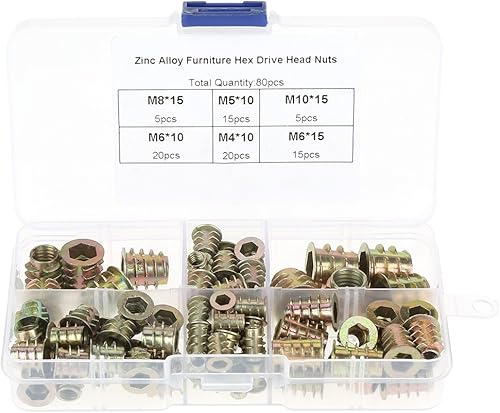 80pcs M4/M5/M6/M8/M10 Inserto dado in lega di zinco Tipo a vite Esagonale filettato Inserto per mobili Dadi Bullone Assortmen Set di strumenti di riparazione - Honorern