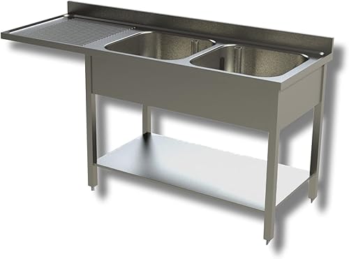 Lavello in Acciaio Inox - Professionale, per Cucine Ristoranti e Pizzerie - 2 Vasche, Gocciolatorio a Sbalzo a Sx - 160x70x85h - Honorern
