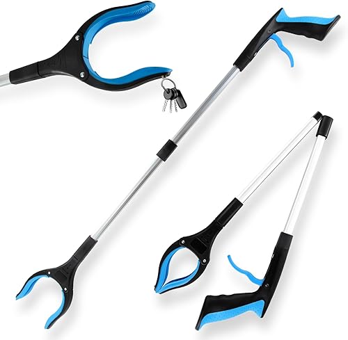 82cm Pinza telescopica, Strumento per la Raccolta di Rifiuti Pieghevole in Alluminio da 82 cm con Punta Magnetica, Morsetto in Gomma e Testa Rotante 360°, Presa Robusta (Blu) - Honorern