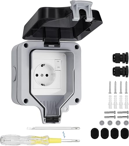 2 Presa Esterno Impermeabile IP66 con Interruttore, Connettore da Impermeabile e Coperchio Incernierato, Presa Elettrica Esterno per Cucina, Bagno, Garage, Piscina e Giardino - Honorern