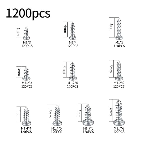 1200 Pezzi Micro Kit di Viti,Micro Kit di Riparazione Viti,Set di Mini Viti Autofilettanti,Viti Autofilettanti Nichelate,per Occhiali Telefoni Orologio Fotocamere Laptop - M1/M1.2/M1.4/M1.7 - Honorern