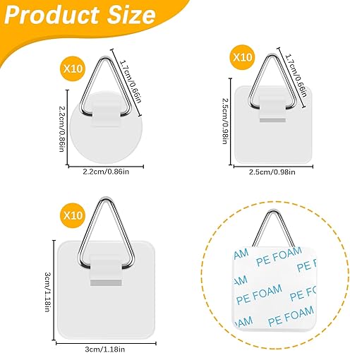 30Pcs Ganci Adesivi Per Quadri, Chiodi Adesivi, Adesivo appendi Quadro, Colore Bianco con Gancio in Metallo Per Foto, Dipinti, Orologio - Honorern
