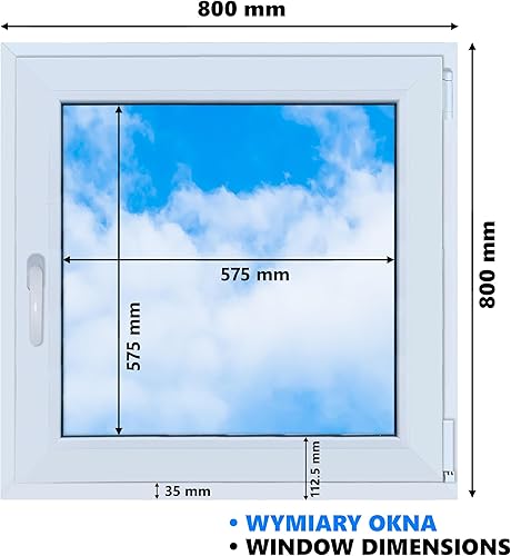 Finestra in PVC bianca 800x800 mm, DIN destra, ribaltabile e a sporgere, vetro doppio, a risparmio energetico – Finestra con certificazione CE per cantina e abitazione - Honorern