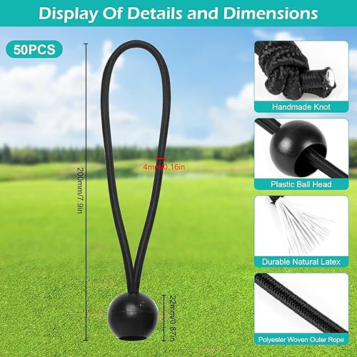50 pezzi Corde Elastiche con Sfere Portatile Corde Elastici per Teloniper Teloni, Padiglioni, Tende, Campeggio, 25 pezzi x 20 cm+25 pezzi x 15 cm - Honorern