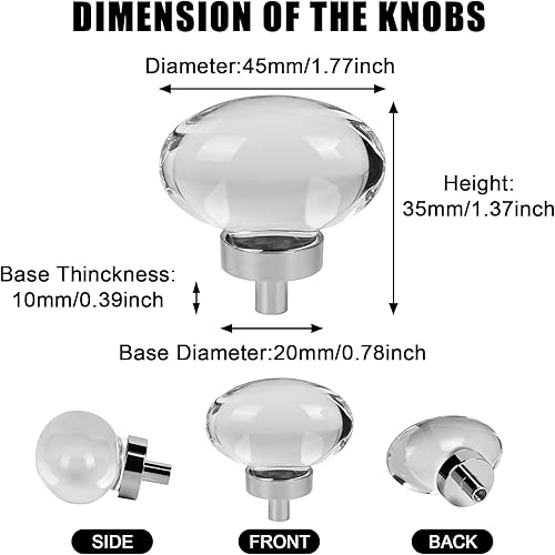 4 pomelli rotondi in cristallo trasparente, 45 mm, base in lega di zinco, finitura lucida - Honorern