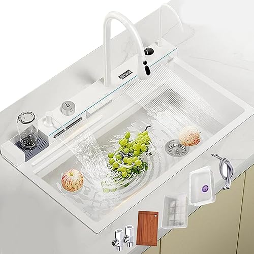 Lavello da cucina in acciaio inossidabile, bianco, grande, monovasca, con rubinetto a cascata digitale multifunzione e accessori (75 x 45 x 23 cm) - Honorern