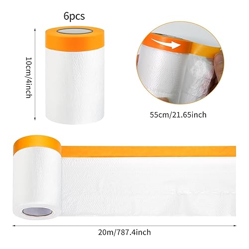 Set da 6 Telo per Pittura Imbianchino Copritutto Plastica con Nastro Adesivo, Set Mascheratura 55 cm x 20 m, Telo Copritutto in Rotolo Bordo, Protezione Pareti per Dalla Polvere i Mobili - Honorern