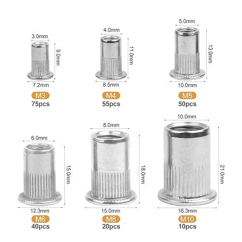 250 dadi rivetti assortiti, M3, M4, M5, M6, M8, M10, dadi filettati A2-70, in acciaio inox, testa piatta, filettatura Rivet Nutsert Cap, dadi per pinze rivetti - Honorern