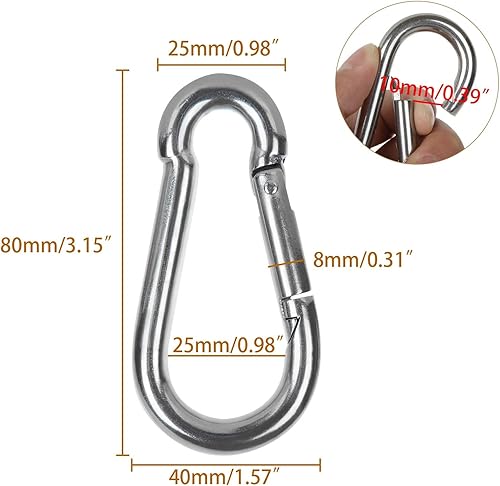 8 moschettoni in acciaio inox, M8 moschettoni di fissaggio per cariche lunghi, moschettone, in acciaio inox, capacità di carico di 220 kg/500 lb, 304, gancio a moschettone, 80 mm x 8 mm - Honorern