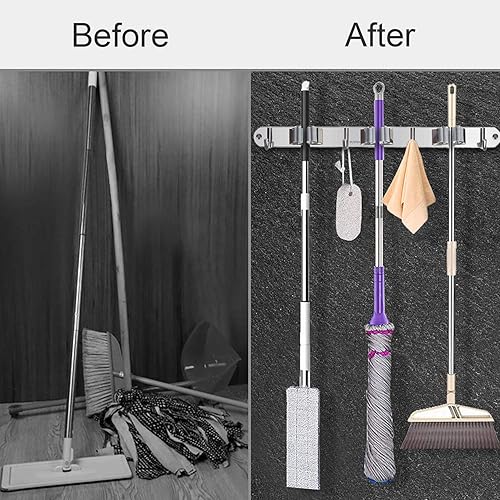 Portascope da Muro 3 Posti Portaspazzole da Muro e 4 Ganci Salvaspazio in Acciaio Inossidabil per Bagno o Cucina Giardino - Honorern