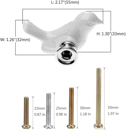 6 Pomoli in ceramica a forma di uccello per armadietti, pomelli per mobili per bambini, pomelli per armadio, maniglie per mobili, Pomelli Cucina con 4 Dimensioni Vite (Bianco) - Honorern