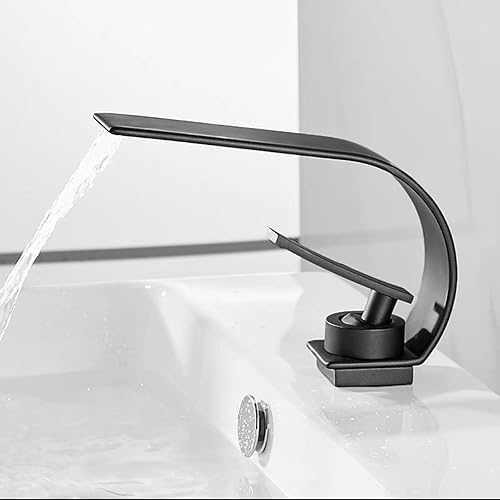 Rubinetto a Cascata per Lavabo Bocca Sottile Monoforo Miscelatore Bagno Lavabo Acciaio Inox Rubinetto Cascata,nero + Cromo - Honorern
