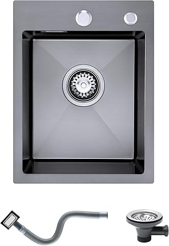 Lavello da cucina in acciaio inox 304, 35 x 45 cm, lavello da cucina piccolo, con foro per rubinetto e troppopieno (senza tubo di scarico), 1 vasca, grigio-nero - Honorern