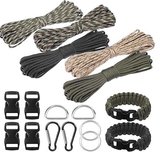 15 Pezzi Paracord Bracciale Kit, 5 Rotoli x 33ft/10m Paracord 4mm 7 Fili, Nylon Corda con Fibbie, Moschettone, Anelli D e Portachiavi per Fai da Te, Campeggio All'aperto - Honorern