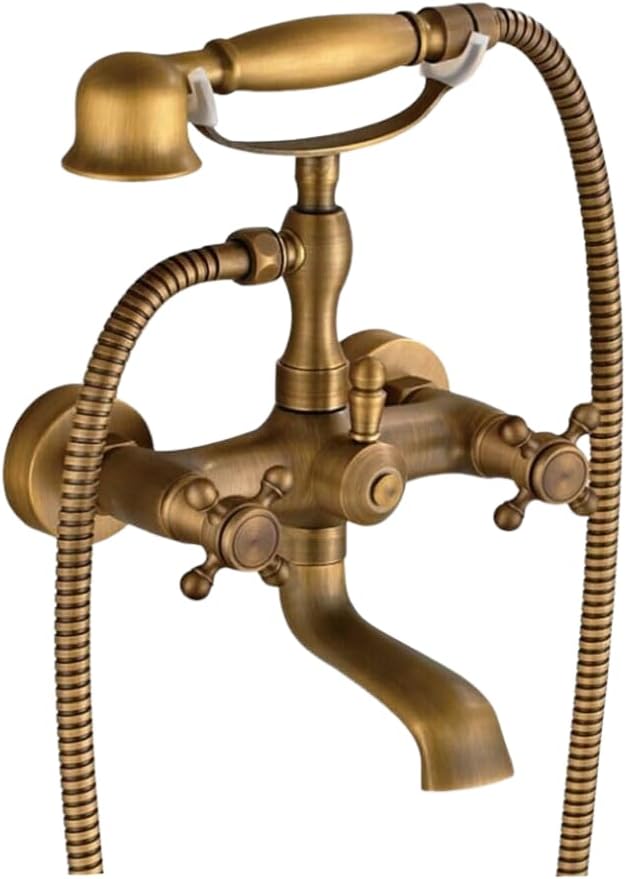 Rubinetto per vasca da bagno in ottone anticato, con doccetta e doccetta in ottone anticato, montaggio a parete, due maniglie - Honorern