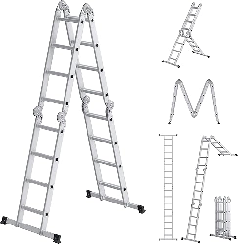 SONGMICS Scala Multifunzione in Alluminio, Scala a Gradini, Scaletta Domestica, 4 x 4 Gradini, fino a 150 kg, 16 Gradini, Design 6-in-1, Lunga 430 cm, Colore Argento GLT046E01 - Honorern