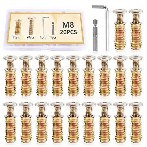 Inserti Filettati m8 x 25mm Boccole Acciaio Zincato Filettate e Viti a Testa Piatta per Legno con Chiavi a Brugole per Mobili Ferramenta (M8 X 25MM) - Honorern