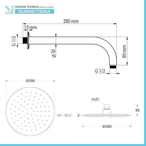 Set doccia satinato con braccio 35 cm soffione 25 cm e kit doccia con doccino in ottone, presa acqua e supporto, GEMINI - Honorern