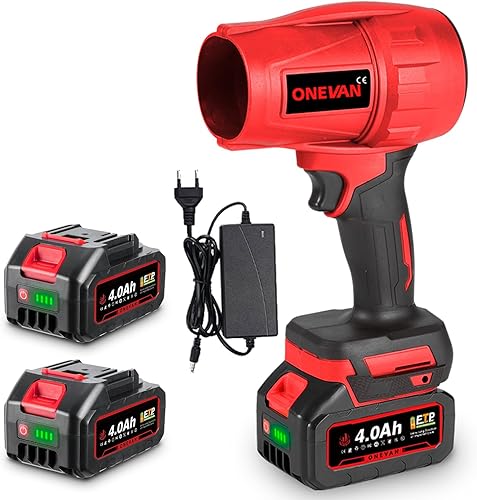 ONEVAN Ventola turbo batteria con 2 batterie da 4000 mAh, spazzaneve senza spazzole, 28000 giri/min, soffiatore elettrico per soffiare foglie, neve, polvere, soffiaggio 1,2 kg (rosso) - Honorern