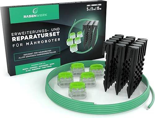 RASENWERK® Set riparazione cavo perimetrale robot rasaerba - 15 chiodi di forma brevettata - 5 morsetti di collegamento con gel impermeabile - Cavo perimetrale universale di 5m - Honorern