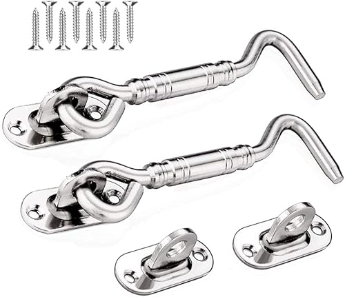 2 Pezzi Pesante Gancio in Acciaio Inox 4 Pollici/100mm,Gancio per Finestra con 8 Viti di Montaggio per Porta Fienile, Armadio, Finestra,Argento - Honorern