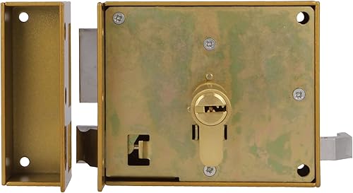 Amig - Serratura da sovrapposizione a destra con leva di chiusura, linguetta e maniglia per porte in legno mod. 73 | 100 x 85 mm | Chiusura con cilindro Europrofilo | Acciaio dorato - Honorern