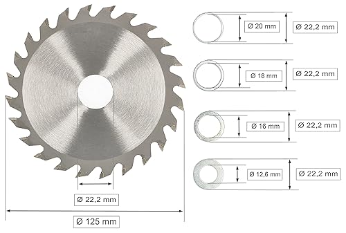 Kotarbau® Lama per sega in metallo duro per taglio del legno, a 24 denti, con diametro da 125 mm + anelli riduttori - Honorern