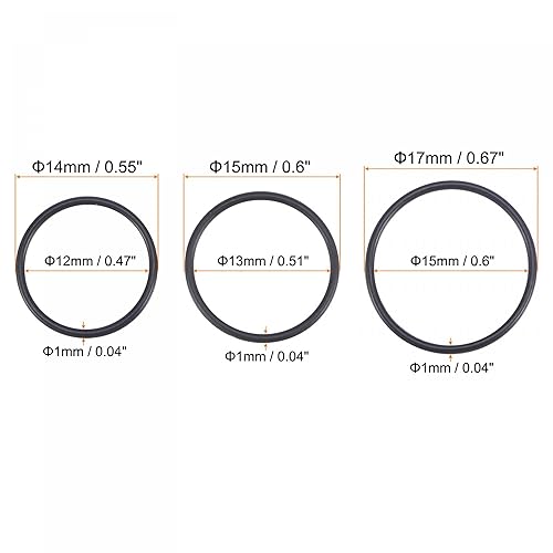 sourcing map O-ring in gomma nitrilica 14 mm 15 mm 17 mm OD 12 mm 13 mm 15 mm ID 1 mm Guarnizione di tenuta, nero 60 in 1 Set - Honorern