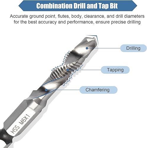 Punte Trapano Maschi Countersink Tap Drill Bit HSS M6 Inserto per Maschio Combinato a Macchina, Punte ad Attacco Esagonale 1/4' Maschiatore a Vite con Scanalature Spirale per Forare, Maschiare - Honorern