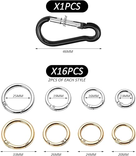 16 Anelli a Molla Dorati e Argentati, Fibbie Rotonde in Metallo, Ganci, Anelli Aperti, Moschettoni per Chiavi (Oro, Argento) - Honorern