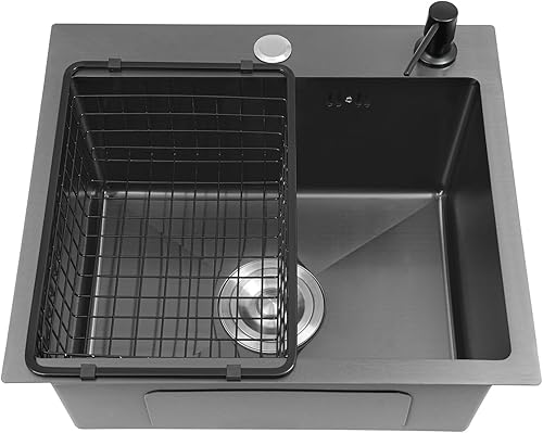 Lavello da cucina, 45 x 40 cm, con cestello di scarico e dispenser di sapone in acciaio inox, 1 vasca, colore nero - Honorern
